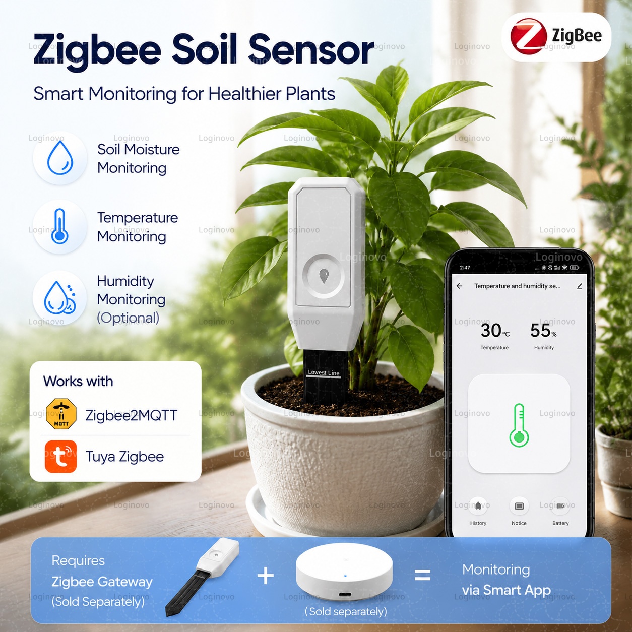 Smart Plant Sensor Soil Moisture Meter - Testeur d'humidité du sol Tuya Zigbee,